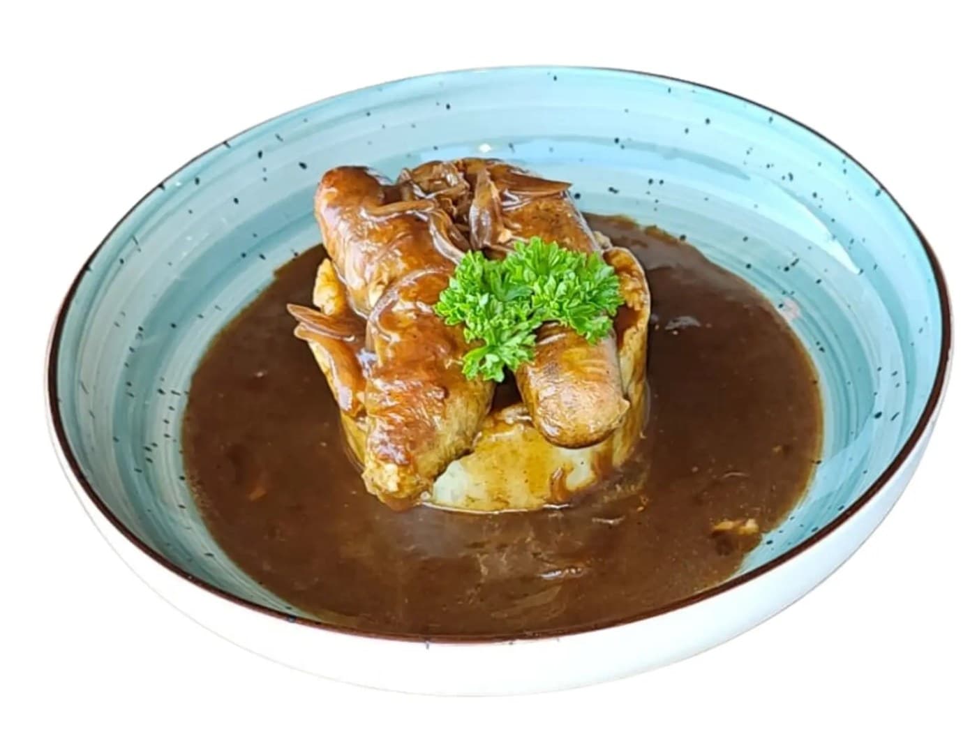 Bangers & Mash with Caramelized Onion Gravy