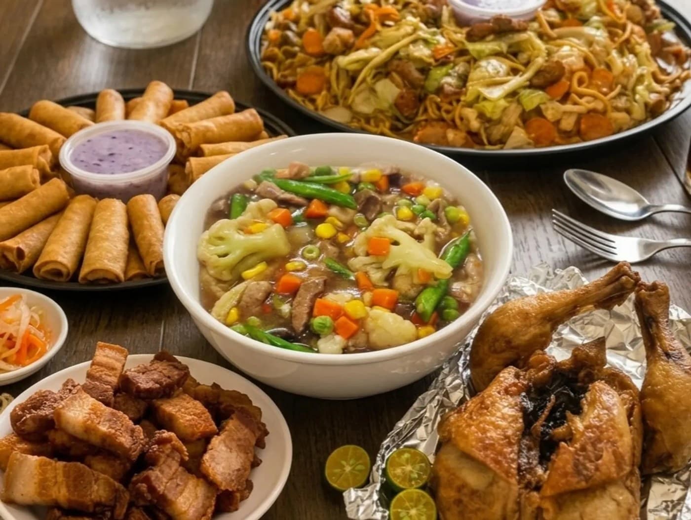 Bundle6 - Lumpia, Pancit, Lechon Kawali, Fried Chicken & Mixed Vegetable