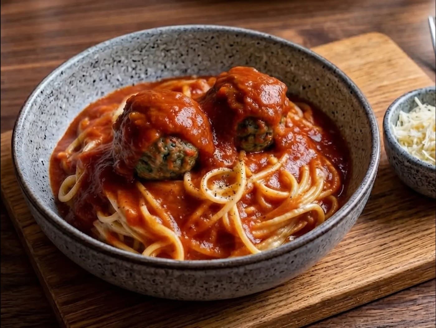 Spaghetti Bolognaise With 2 Beef Meatballs With Parmesan Cheese and Garlic Bread
