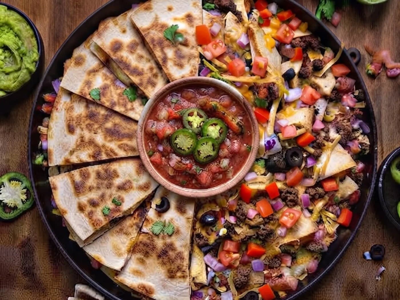 COMBO Chicken Cheese Quesedilla and Nachos Combi platter with big Salsa Verde