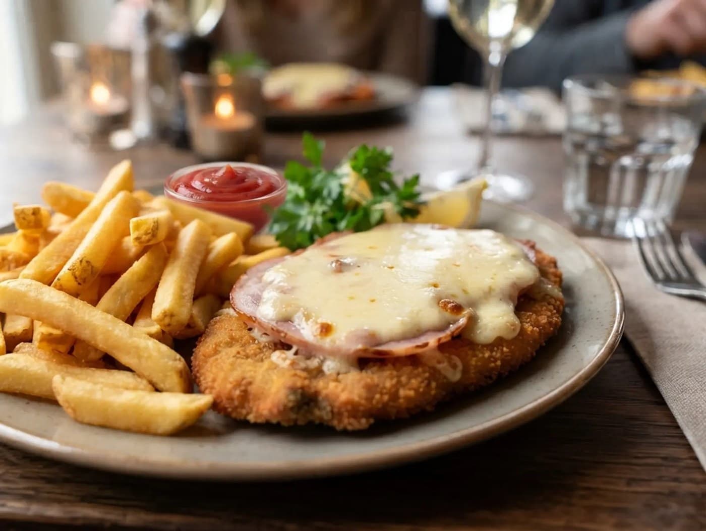 Chicken Cordon Bleu with Ham and Cheese Sauce with Fries