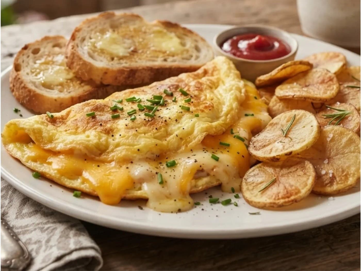 Omelette with Cheese Imported, Dollarchips, toast and Sauce of Choice