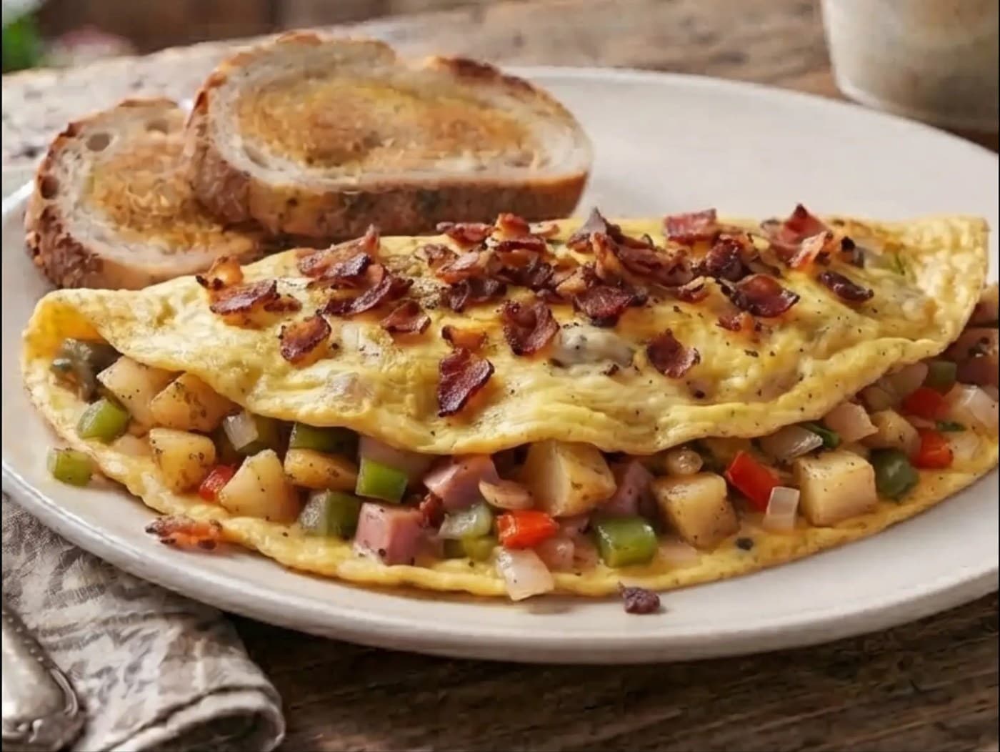 Farmers Omelette with Bacon and Veggies with Toast