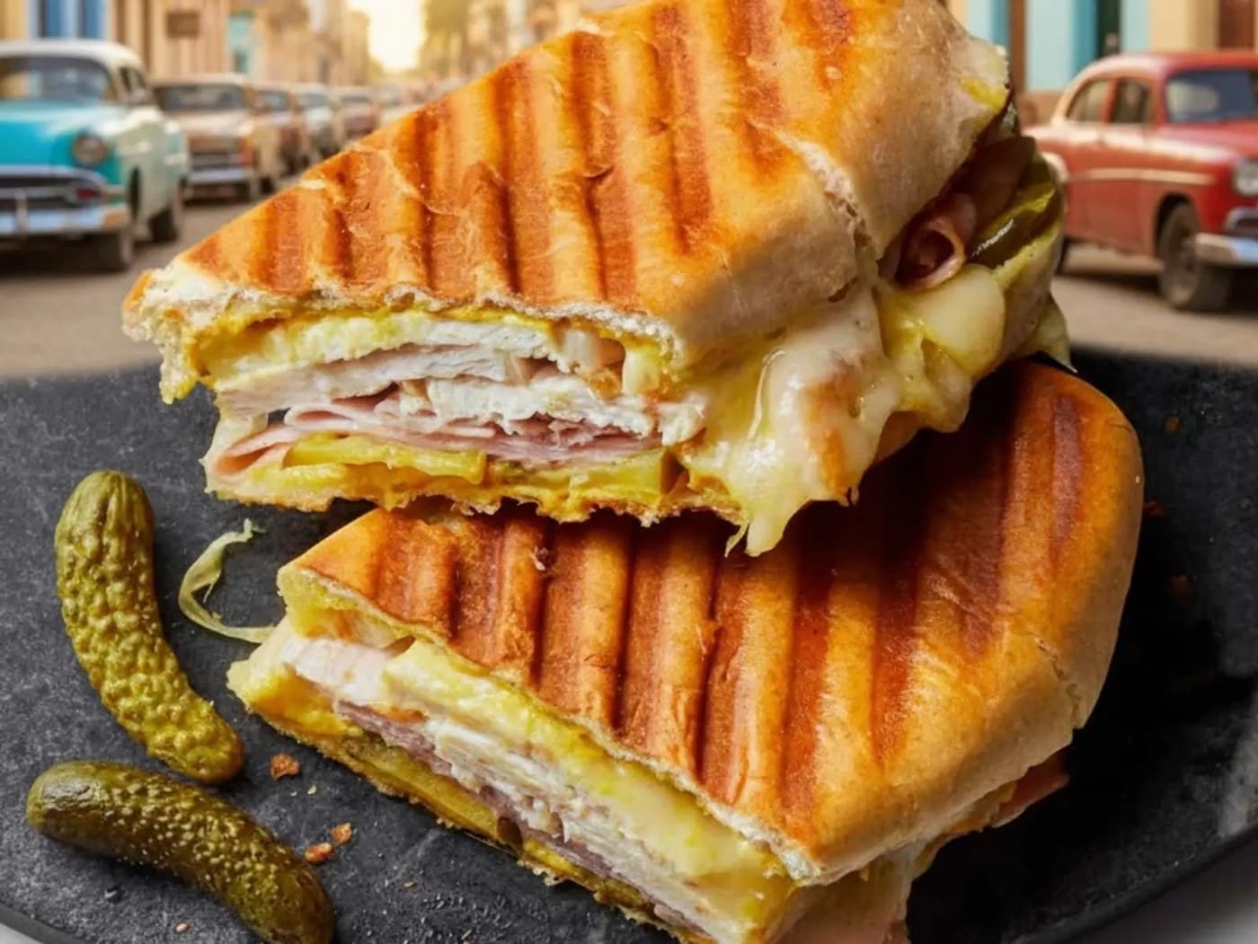 Cuban Panini with 3 Pork Ham Mustard, Cheese, and Pickles