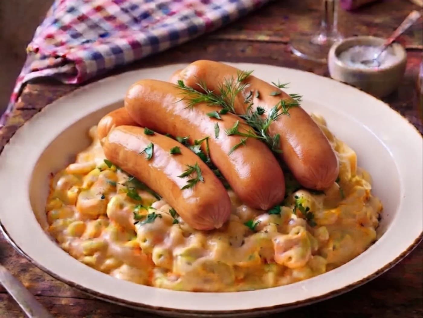 3 Sausages with Mac and Cheese