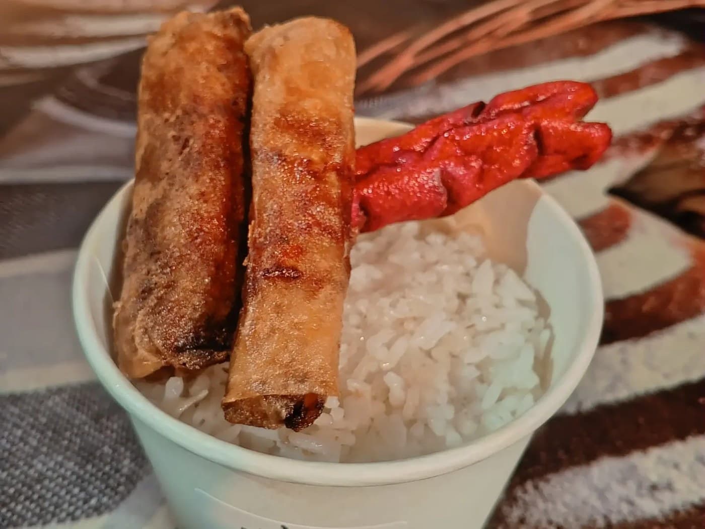 Rice and Hotdog and lumpia