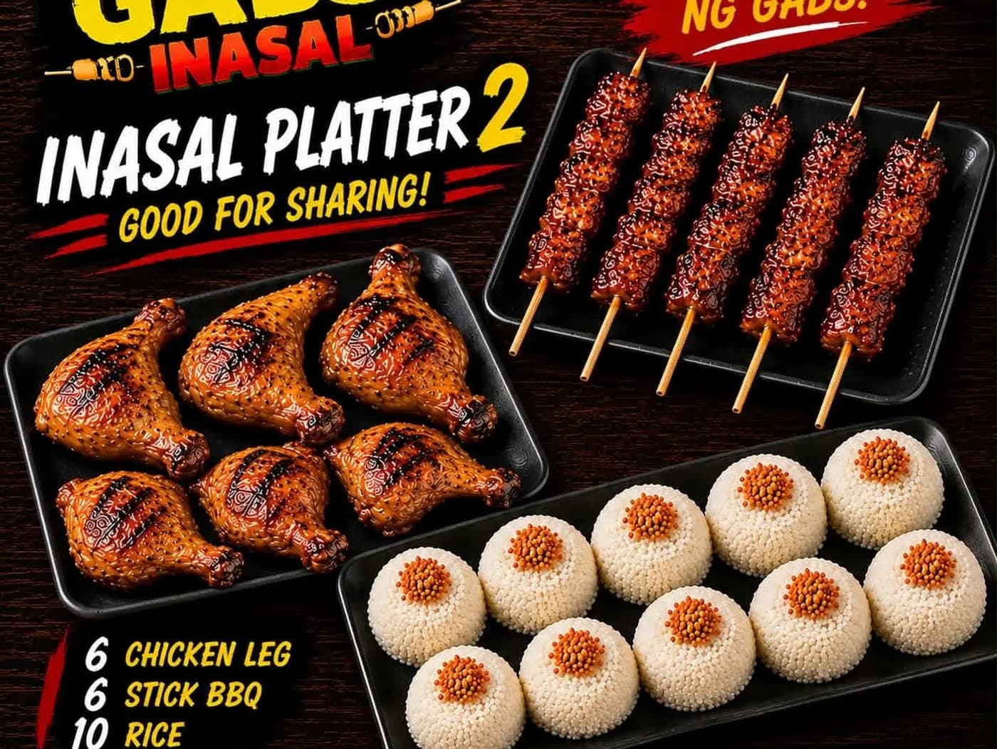 Family Platter Chicken Inasal 6pcs, Pork BBQ 6pcs with 10 Rice