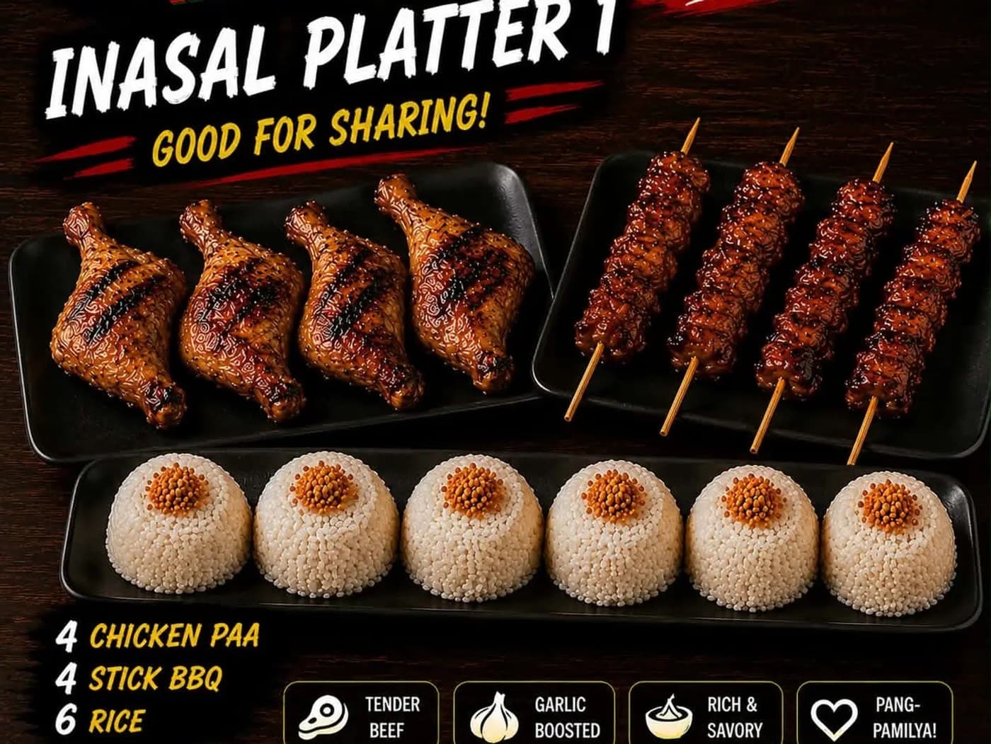 Chicken inasal 4pcs, Pork BBQ 4pcs with  6 Rice