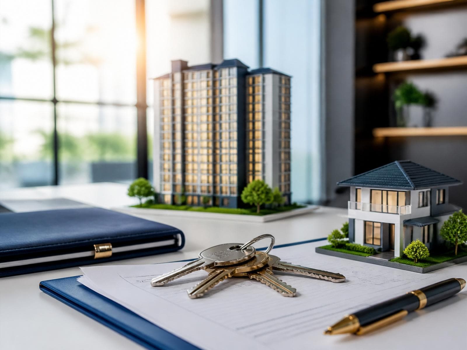 House keys and property documents on a desk beside building models