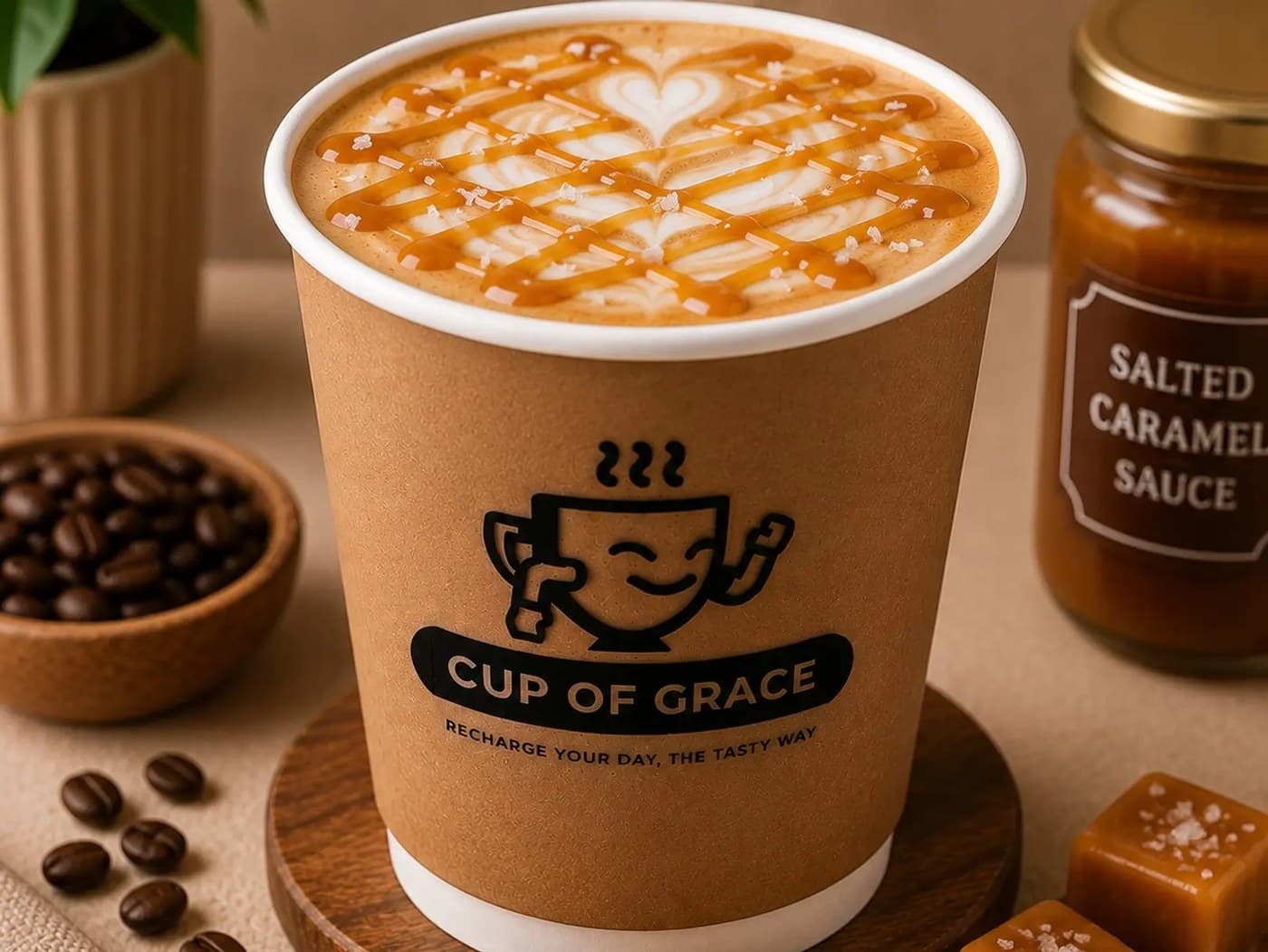 Hot Salted caramel latte(16oz)with Bite cringles